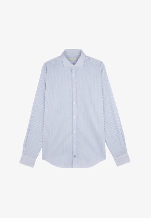 Cămașă cu mâneci lungi, în dungi albastre și albe, cu guler și închidere cu nasturi. Prezintă un tiv rotunjit și manșete cu nasturi. Material fin și ușor.