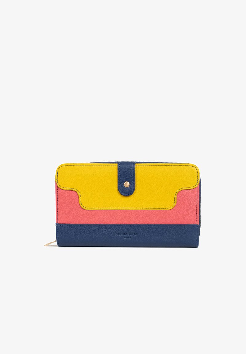 Tri-color wallet featuring yellow, pink, and navy blue textured leather with a snap closure and curved design accents.