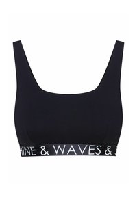 Czarny biustonosz braletka z szerokimi ramiączkami i kwadratowym dekoltem. Posiada kontrastowy biały pasek z logo na dole. Gładka faktura materiału.