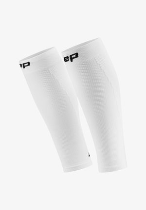 White compression sleeves, ribbed texture, seamless design, featuring a black logo at the top. Suitable for sports or recovery use.