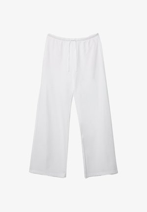 Pantaloni bianchi a gamba larga con vita elastica e coulisse frontale, dotati di tasche laterali, pensati per un abbigliamento casual.