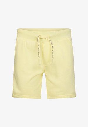 Jasnożółte, casualowe spodenki z elastycznym pasem i sznurkiem, z nadrukiem "Retour Jeans", przednimi kieszeniami i długością do połowy uda.