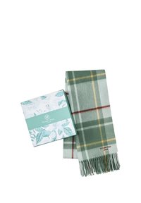 Sciarpa plaid verde chiaro con accenti gialli e rossi, dotata di un bordo frangiato. Imballata in una scatola con design floreale e un nastro verde menta.