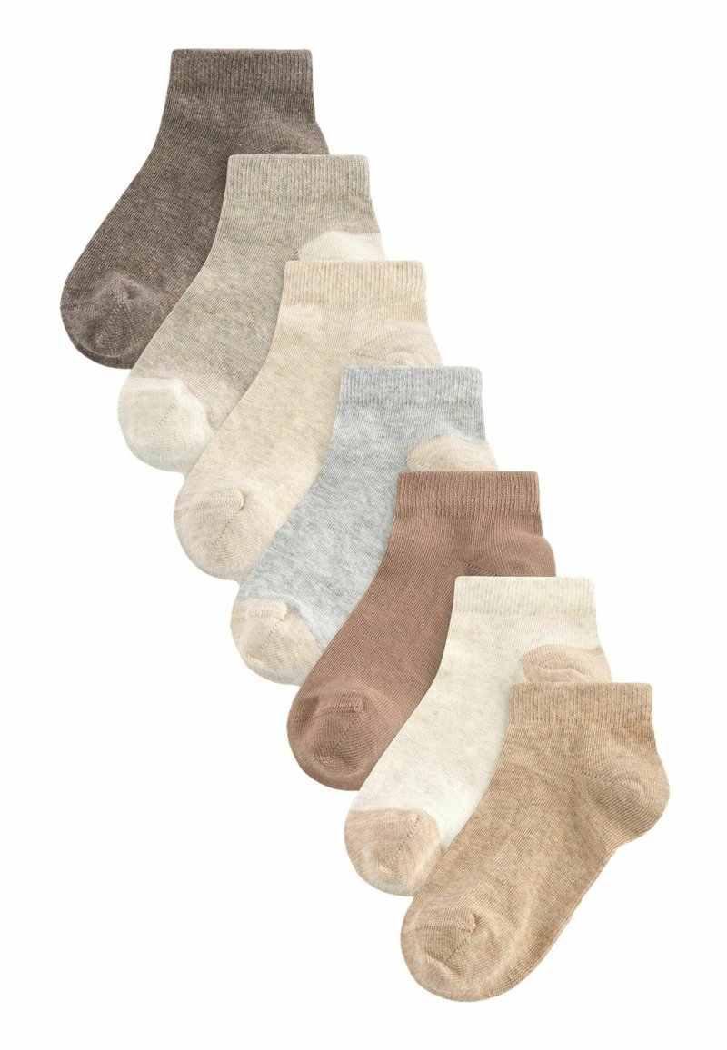 Ensemble de sept chaussettes mi-hautes dans diverses teintes neutres : marron foncé, beige, gris clair, avoine et taupe. Tissu doux, couleur unie, bords côtelés.
