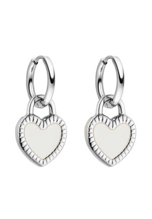 Silver hoop earrings with dangling heart-shaped charms featuring a white center and textured silver edges.