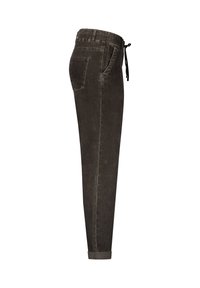 Mørke kordfløjlsbukser med elastisk talje, justerbar snøring, sidelommer og opsmøg detalje.