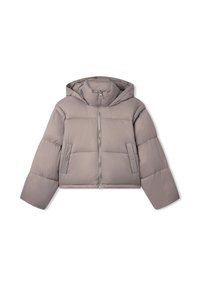 Giacca corta imbottita in grigio chiaro. Dotata di cappuccio, cerniera frontale e due tasche laterali con chiusura a bottone. Texture liscia e trapuntata.
