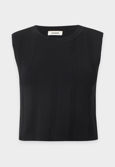 Top noir sans manches en maille avec texture côtelée verticale et col rond de la marque Sandro.