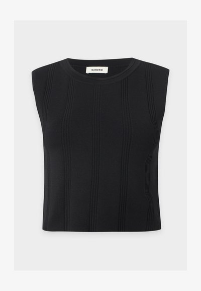 Top noir sans manches en maille avec texture côtelée verticale et col rond de la marque Sandro.