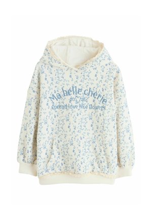 Sudadera con capucha en color crema con estampado floral azul. Presenta un borde de encaje, bolsillo frontal y texto que dice "Ma belle chérie" con diseño de corazón.