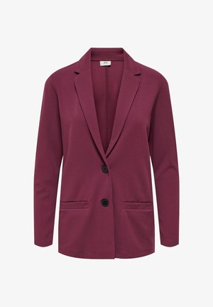 Burgundia bleiser, mille on sälgudega krae, ühe nupu sulgemine ja esimesed taskud. Valmistatud siledast kangast, pikkade varrukatega.