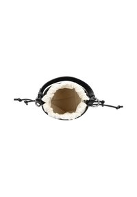 Black leather bucket bag with a gathered cream fabric lining, featuring a circular opening and adjustable drawstring closure.