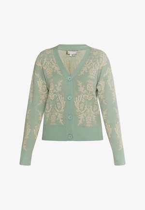 Light green cardigan with a v-neck and long sleeves. Features a floral pattern in a lighter shade, five buttons, and ribbed cuffs and hem.