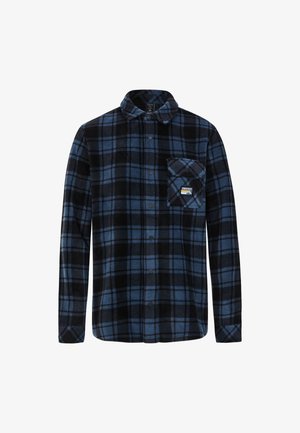 Juoda ir mėlyna marginta flanelinė marškinėliai su ilgomis rankovėmis, apykakle ir priekinėmis krūtinės kišenėmis, su audiniu žymė. Minkšta tekstūra ir mygtukų užsegimas.