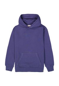 Sudadera morada de algodón, con un bolsillo frontal, puños acanalados y capucha con cordón. Textura suave con un diseño de color sólido.