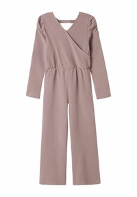 Långärmad jumpsuit i ljus mauve, omslagstyp med rundad hals och ryggöppning. Tillverkad av mjukt, strukturerat tyg med lätt lyster.