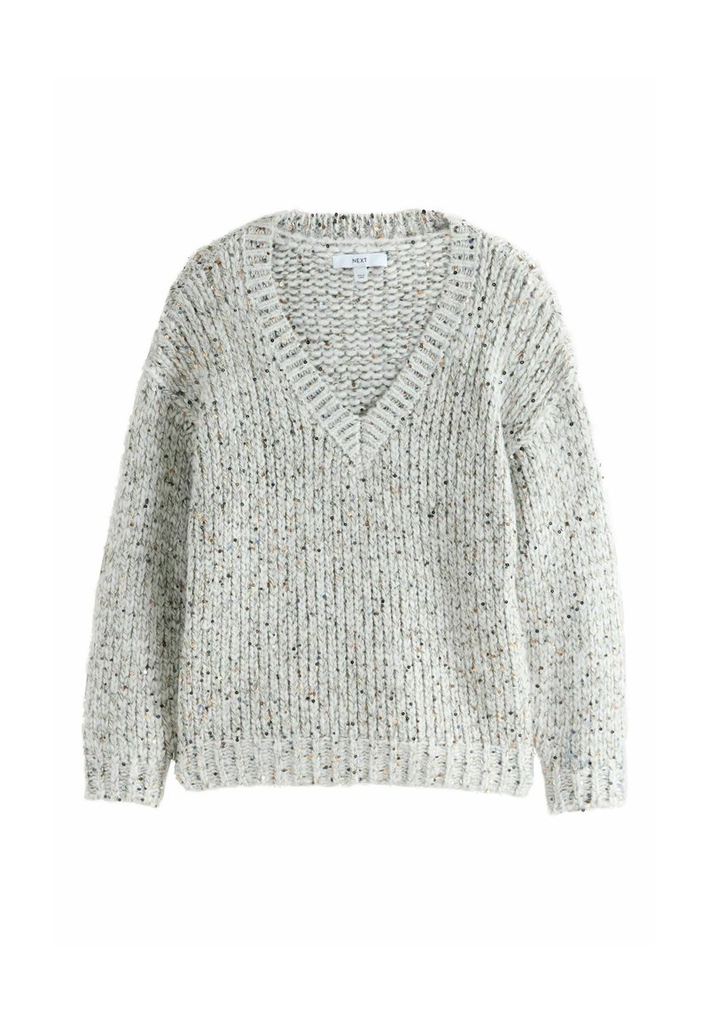 Light gray knitted sweater with a textured pattern, deep V-neck, and ribbed cuffs. It has multicolored flecks throughout the fabric.
