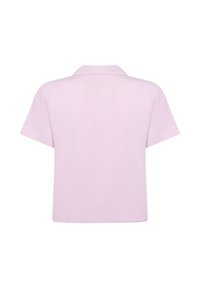Korte mouw, geknoopte shirt in lichtroze. Glad materiaal, oversized pasvorm en geen zichtbare patronen of versieringen aan de achterkant.