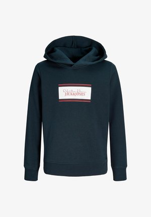 Sweat à capuche bleu foncé à manches longues avec un logo blanc rectangulaire à l'avant portant la mention "Definition of Denim JACK&JONES" en texte rouge.