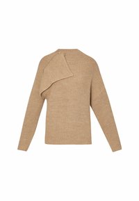 Pull beige en tricot à manches longues avec un rabat asymétrique attaché à l'épaule droite, comprenant une petite fermeture éclair.