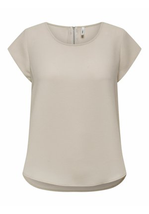 Beige short-sleeve blouse with a round neckline, textured fabric, and a discreet zipper at the back. Rounded hem adds softness to design.