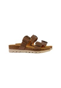 Sandales marron à deux lanières avec accents de boucle, semelle intérieure en liège et semelle extérieure légère et texturée. Design simple et décontracté avec une plateforme beige.