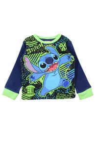 Chemise à manches longues présentant un graphisme d'un personnage bleu sur un fond noir avec des accents verts et bleus vibrants. Matière en coton.