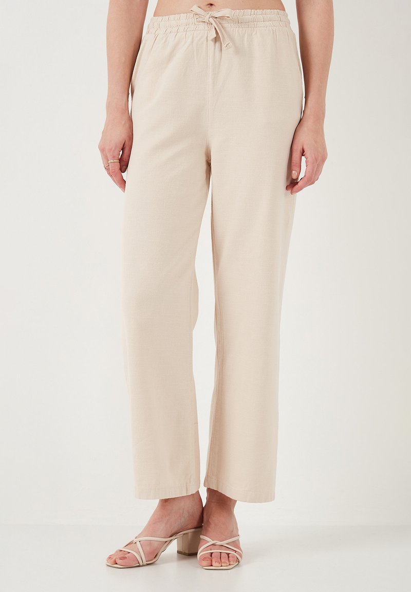 Beige, relaxed-fit pants with an elastic waistband and drawstring. Smooth texture; wide-leg design. Paired with strappy light-colored sandals.