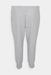 Grå sweatpants i en blandning av bomull, med elastisk midja och åtsittande muddar vid ankeln, och en mjuk yta.