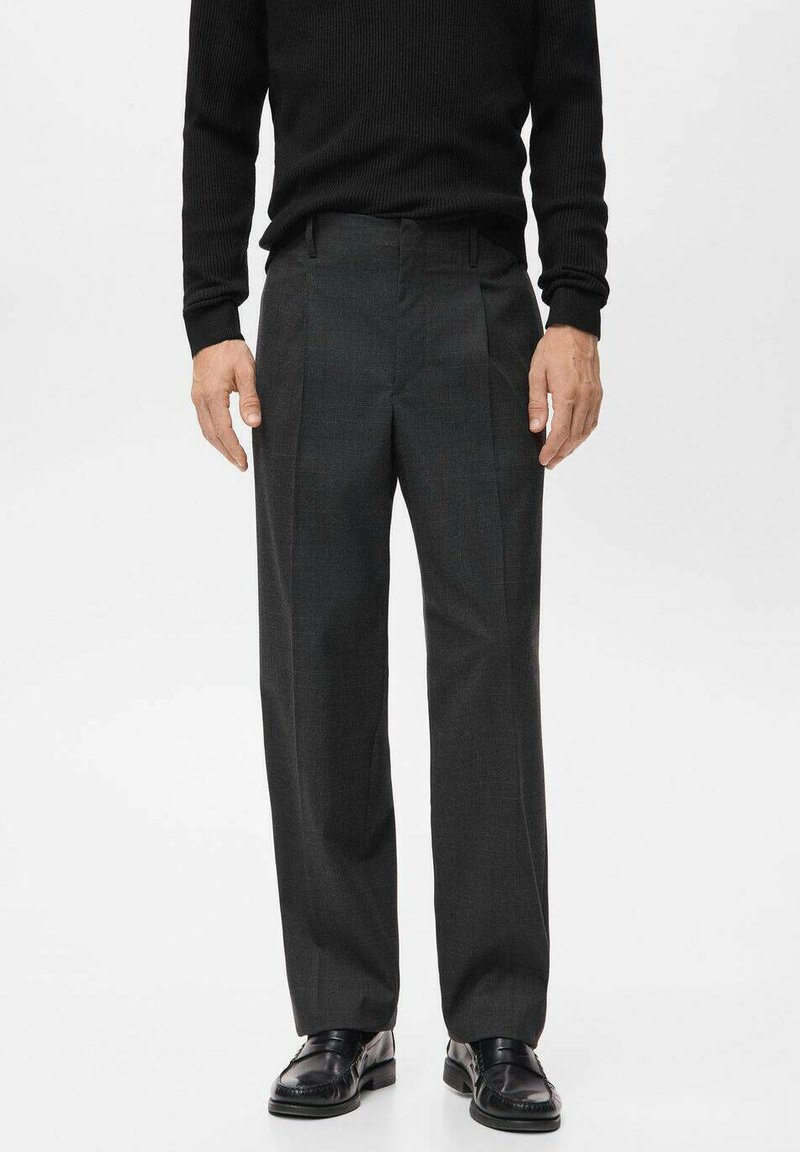 Gray trousers with a tailored fit, featuring a subtle plaid pattern, smooth texture, and crease down the front; paired with black shoes.