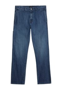 Jeans in denim blu scuro con una vestibilità dritta, dotati di zip sul davanti, chiusura a bottone e tasche laterali. Texture liscia e cuciture classiche.