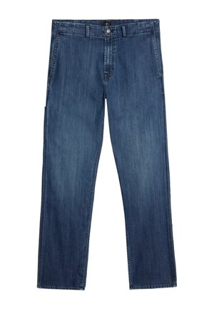 Mørkeblå denimjeans med lige ben, der har lynlås, knaplukning og sidelommer. Glat tekstur og klassisk syning.