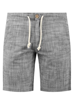 Gray textured fabric shorts with front button and white drawstring tie at waist.