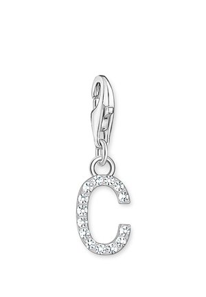 Silver clasp charm with the letter C outlined in small clear gemstones, designed to attach to a bracelet or necklace.