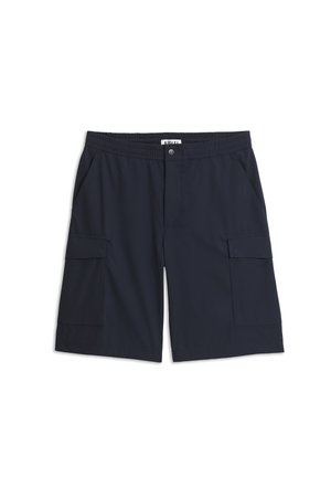 Donkerblauwe cargoshorts voor heren met een elastische tailleband, voorste knoopsluiting, zijzakken en klepzakken op elk bovenbeen.