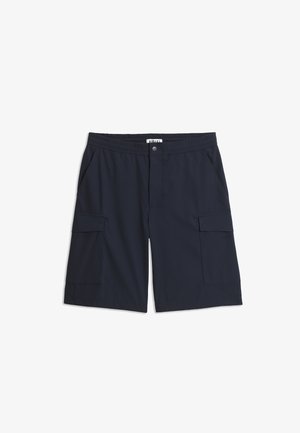 Donkerblauwe cargoshorts voor heren met een elastische tailleband, voorste knoopsluiting, zijzakken en klepzakken op elk bovenbeen.