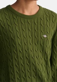 Suéter verde de punto con patrón de trenzas, cuello redondo y un logotipo bordado en el pecho. La textura parece suave y detallada.