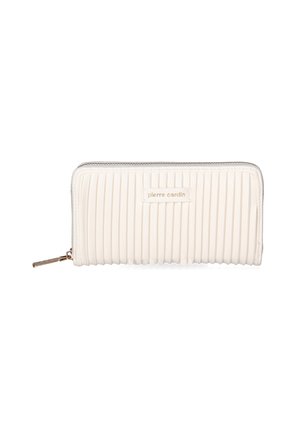 Portefeuille plissé blanc avec fermeture éclair, présentant une surface texturée, du matériel en ton doré et une étiquette logo sur le devant.