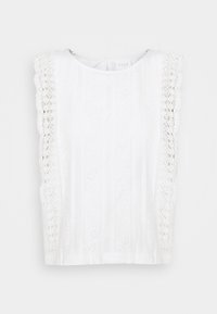 Vit ärmlös topp med spetsdetaljer på axlarna, strukturväv med vertikala ränder och rund halsringning.