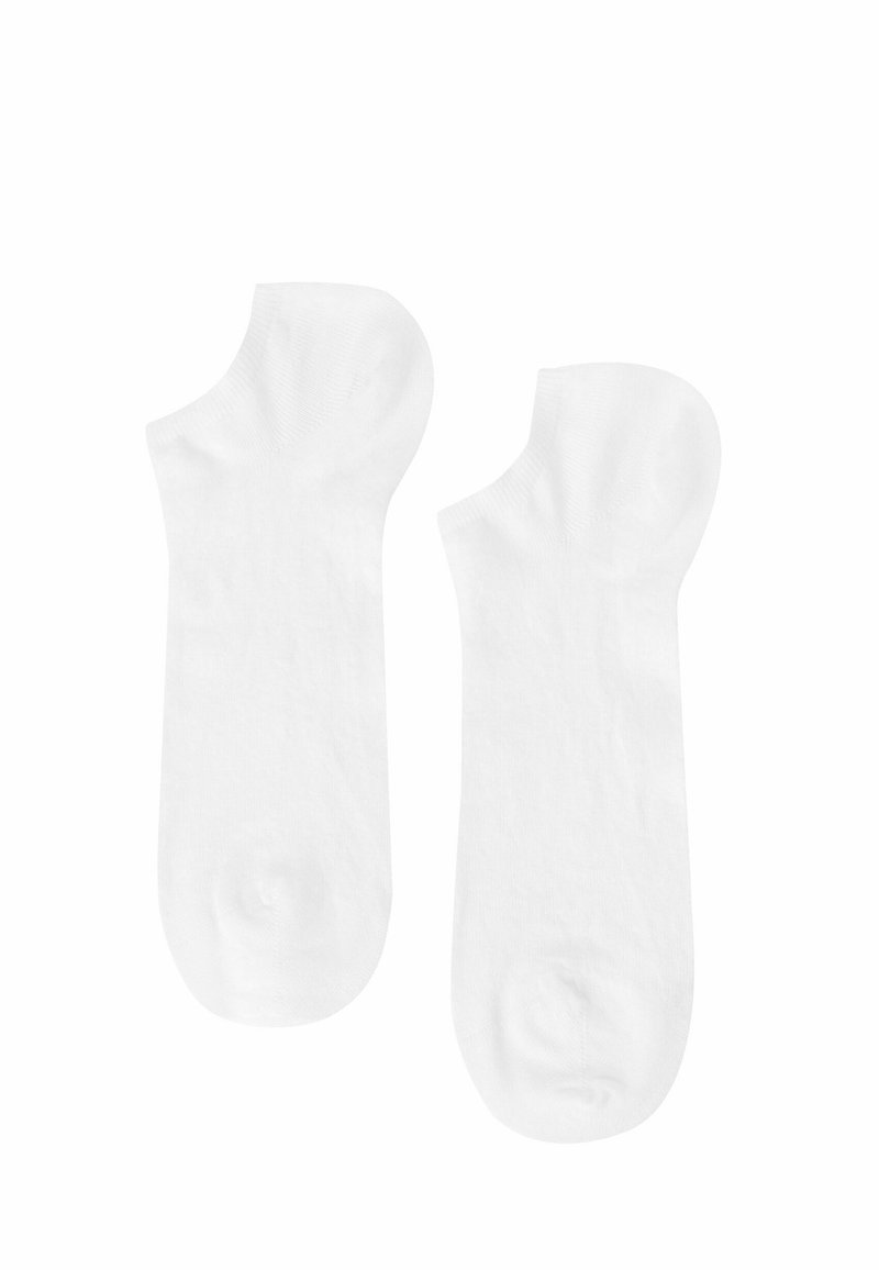 Vita bomullsknä sockor med en slät textur, rundad mudd och förstärkt tå. Designade för komfort och andningsförmåga.