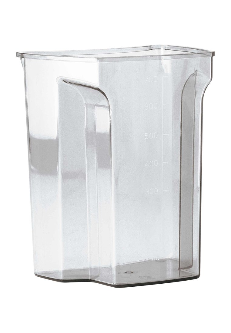 Průhledná obdélníková odměrka s objemovými značkami až do 700 ml a dvěma vertikálními rukojetmi na protilehlých stranách.