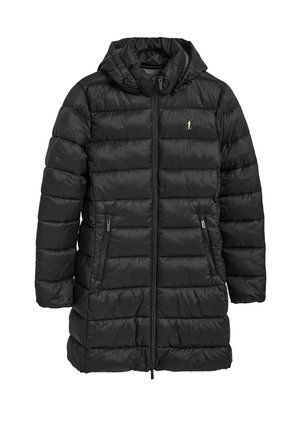 Black padded coat with a hood, featuring horizontal stitching, two zippered side pockets, and a logo accent on the chest.