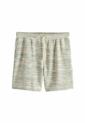 Hellgraue, strukturierte Strickshorts mit elastischem Bund, vorn mit Kordelzug und seitlichen Taschen.