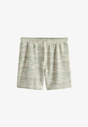 Light gray textured knit shorts with elastic waistband, front drawstring tie, and side pockets.
