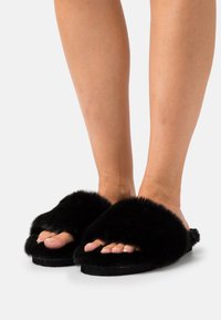 Black fur slippers made of soft material, featuring a wide upper strap and flat sole, revealing toes. Textured fabric adds a cozy appearance.