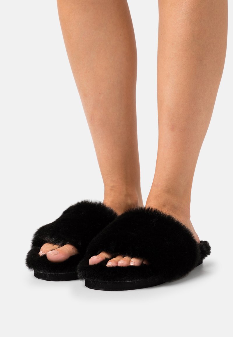 Black fur slippers made of soft material, featuring a wide upper strap and flat sole, revealing toes. Textured fabric adds a cozy appearance.