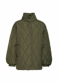 Prošívaná péřová bunda v olivově zelené barvě. Má vysoký límec, zaoblené ramena, zapínání na knoflíky a boční kapsy pro praktické využití.