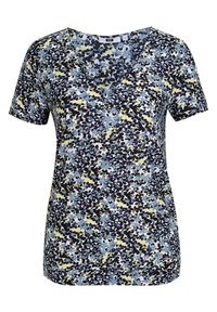 Kortärmad V-ringad topp i ett blommönster av blå, svart och gula nyanser. Tillverkad i ett mjukt tyg med en avslappnad passform.