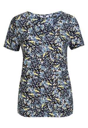 Top de manga corta con escote en V en un patrón floral de tonos azules, negros y amarillos. Hecho de una tela suave con un corte holgado.