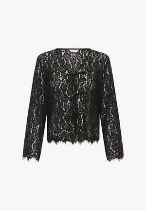 Schwarze Spitzenbluse mit langen Ärmeln, V-Ausschnitt und dekorativen Schleifen vorne. Der gewellte Saum verleiht eine zarte Textur.